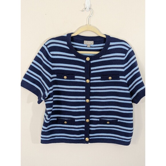 J.Crew Cashmere Short Sleeve Cardigan in Blue Stripes Gold Buttons Nautical XL - Picture 3 of 13